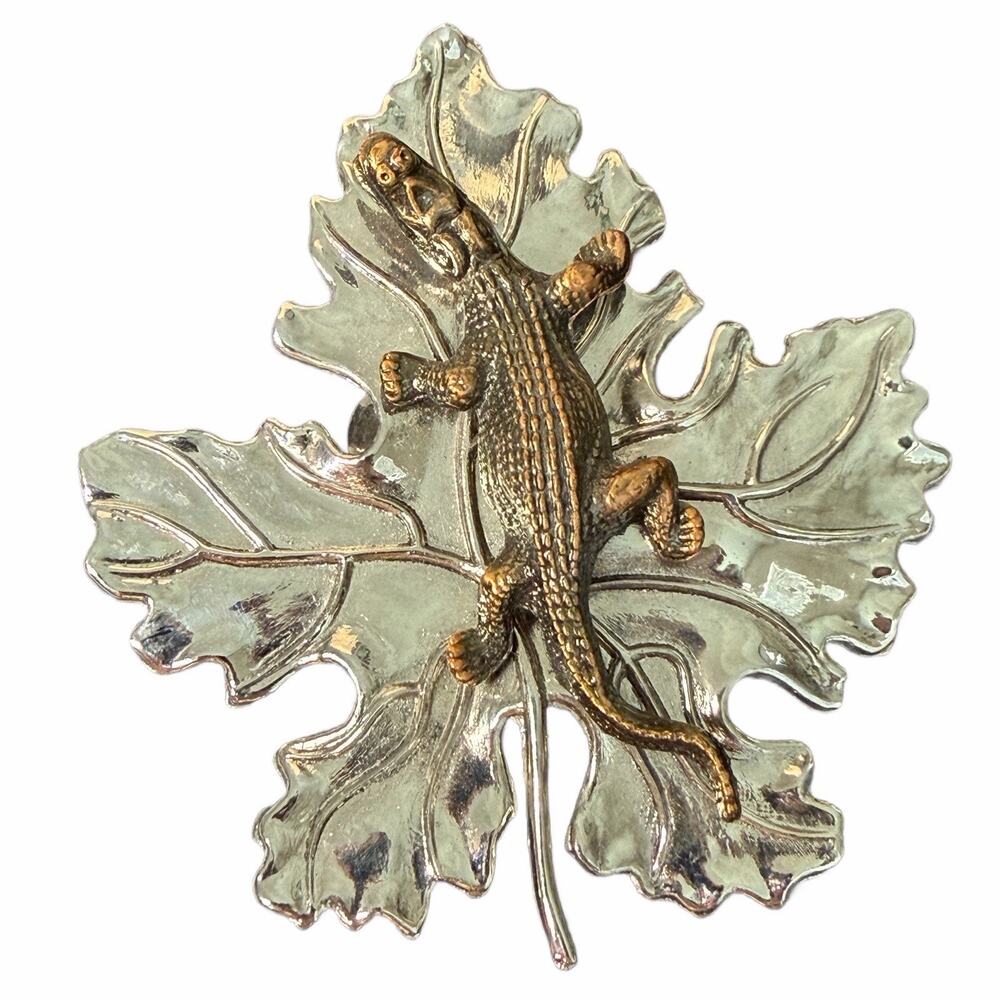 Sylvia Dahl Dress Clip Vtg Copper Crocodile Silver Tone Maple Leaf 2 3/4" Brooch